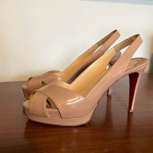 Louboutin Nude Patent Leather Slingback Platform Heels, size 39, 4” heel